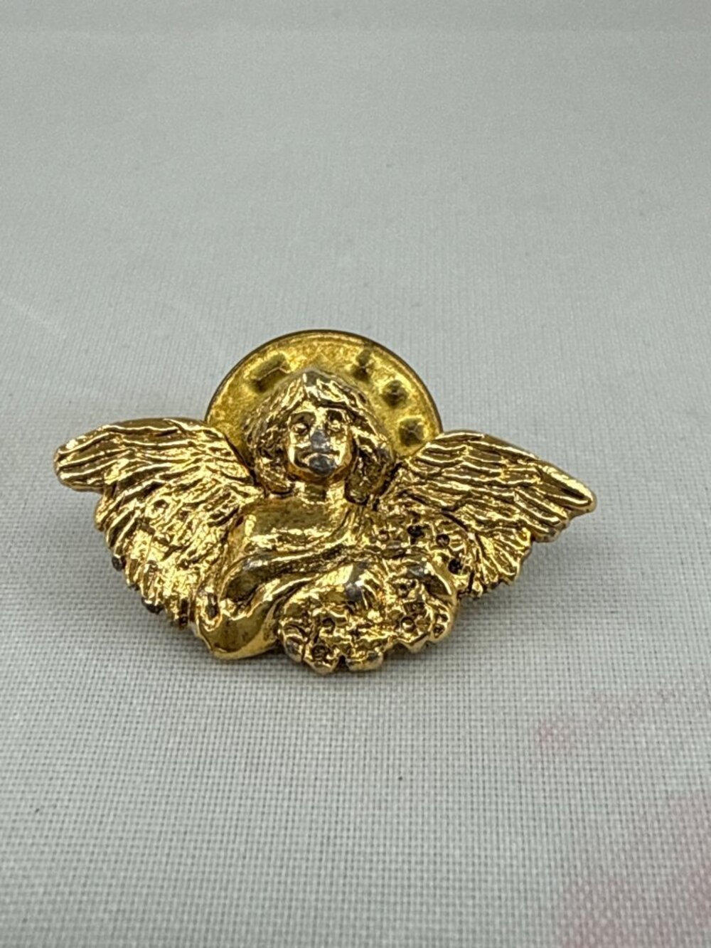 Vintage Gold Tone Cherub Angel Lapel Pin Halo Guardian Tie Tack Whimsical